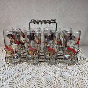 Vintage Hazel Atlas 1950s-1960s Ring-Necked Pheasant Highball Glasses With Gold